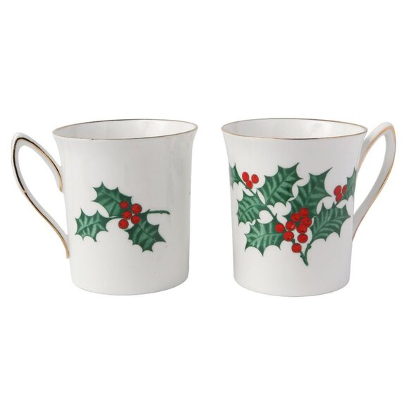 Vintage Rosino Christmas Bone China Mugs Holly Berry Gold Green Red 90s Holidays - Picture 5 of 5